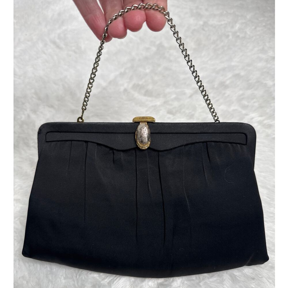 1950s After Five Black Satin Evening Clutch Rhinestone Clasp Coin Purse USA - Picture 4 of 12